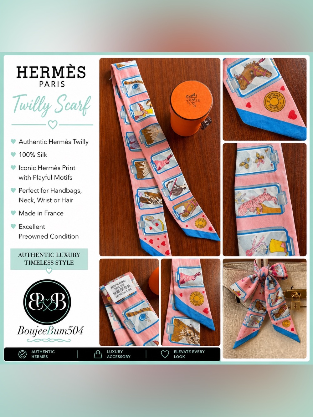 Hermes Pink and Blue Silk Twilly Scarf Animal Motif. 100% silk authentic Hermes